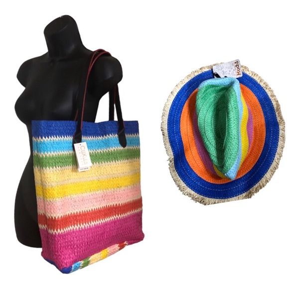Mudd striped rainbow multicolored‎ straw raffia fedora hat new main image 9